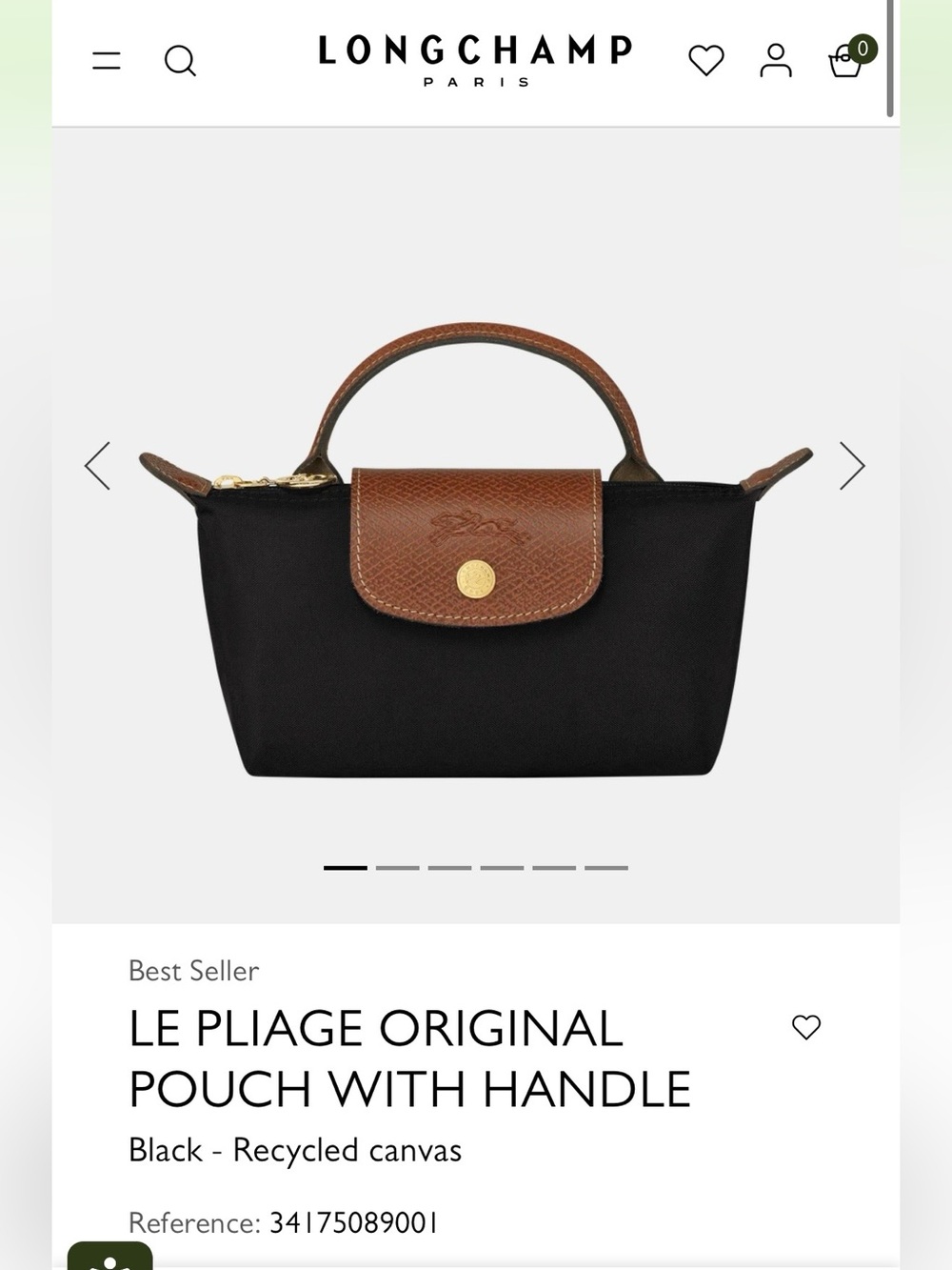 Longchamp Black Canvas Le Pliage Small Pouch with Brown Trim and Handle